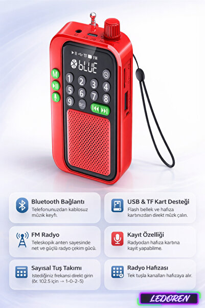 L'eDoren C9 Bluetooth Şarjlı Radyo USB & TF Kart Okuyucu Deprem Çantasına Uyg...