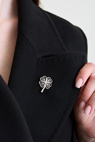 Ebrar Silver Gümüş Yonca Broş 925 Ayar Gümüş 4 Yapraklı Yonca Figürlü Kadın Broş