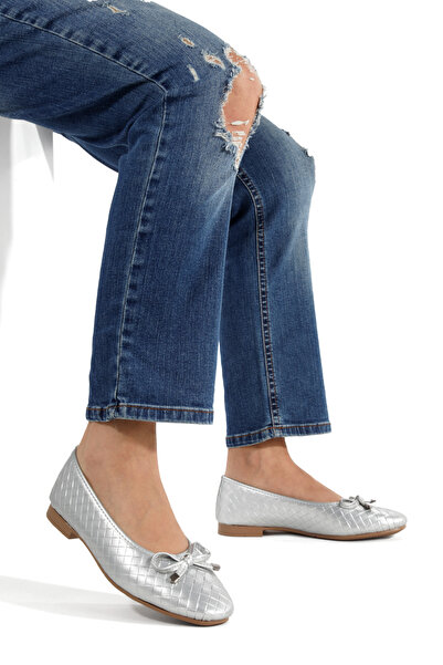 MİNNACE Silver Leather Braided Mustache Bow Round Toe Orthopedic Closed Balle...