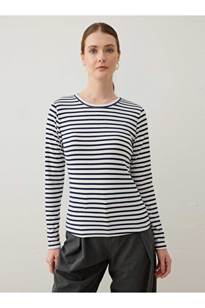 Refka Tricou de damă basic din bumbac cu gât rotund - Albastru închis cu dungi -