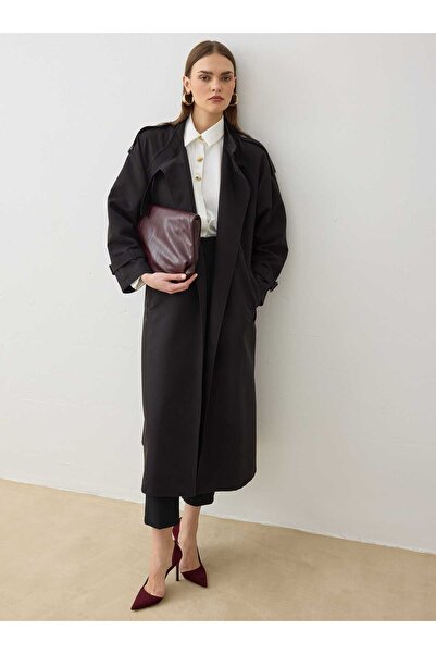 Refka Basic Trench Coat with Tie-Back Collar Detail - Black - - Exclusive