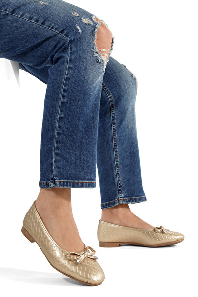 MİNNACE Gold Leather Braided Mustache Bowknot Round Toe Orthopedic Closed Bal...