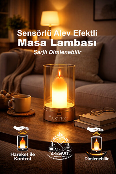 ASTEC Lüks Şarjlı El Hareketli Led Mum Masa Gece Lambası Dimlenebilir 3200K G...