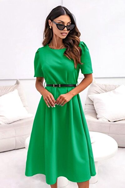FashionForYou ZALIA Day Dress, with puffed sleeves and thin belt, Green, Size...