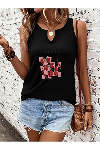 mercoledi Women's Black Printed Half V-Neck Sleeveless Regular Fit Casual T-S...