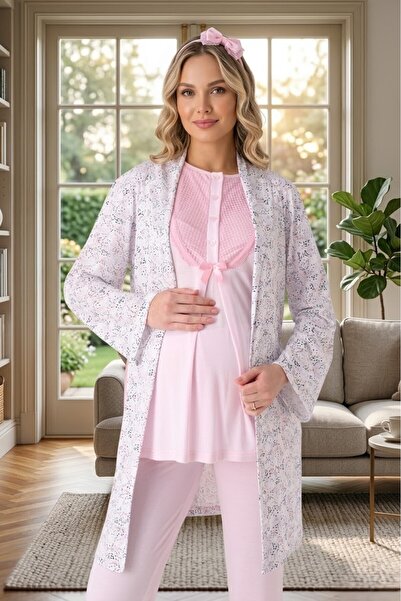 Lohusa Homewear New Season Pink Maternity Patterned Summer Shawl Collar Butto...