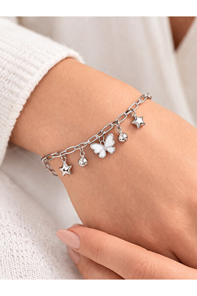 Laria Women's Silver Color Dangle Butterfly and Star Bracelet - Adjustable Chain
