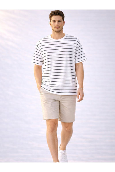 EXPECTED تي شيرت رجالي مخطط من قماش بيرفين مقاس كبير بأكمام قصيرة صيفي 100% قطن