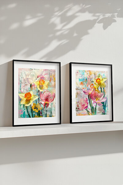 STARYUNA Black Wooden Framed Colorful Flower Collage Themed Double Painting S...