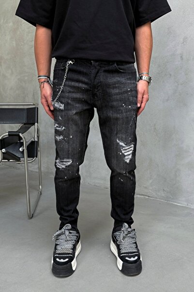 MODINI Slim fit jeans with chain, rips and splash effect (6874)