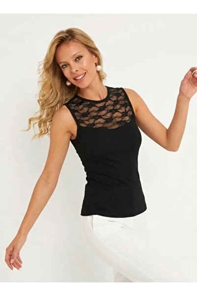 Cool & Sexy Women's Sleeveless Collar Lace Detail Black Blouse