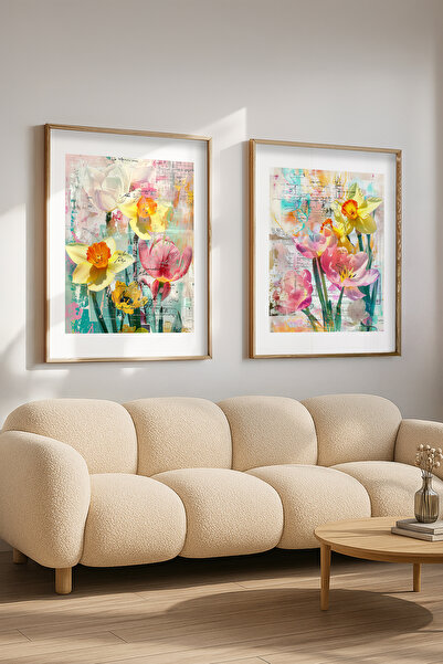 STARYUNA Wooden Framed Colorful Flower Collage Themed Double Painting Set Yun...