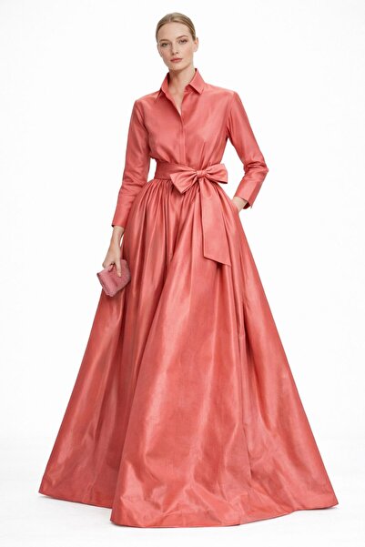 UNTIMELY Girdle Detailed Maxi Stylish Taffeta Shirt Dress