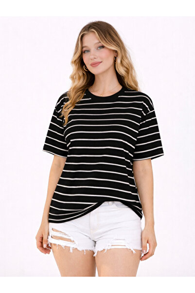 EXPECTED Women's Striped Berfin Fabric Oversize T-Shirt Short Sleeve Summer 1...