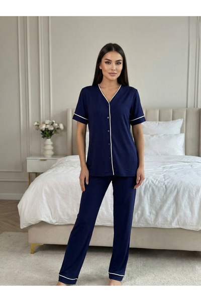 Lohussa New Season Navy Blue Summer Full Buttoned Design Piping Detailed Shor...