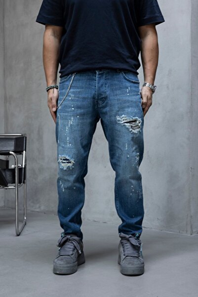 MODINI Slim fit jeans with chain, rips and splash effect (6882)