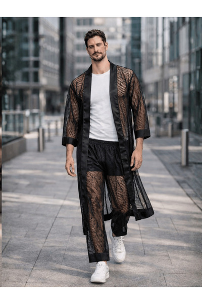 QMEN STYLE Erkek Kimono Takımı - 3’lü File Set (Bornoz + Pantolon + Şort)