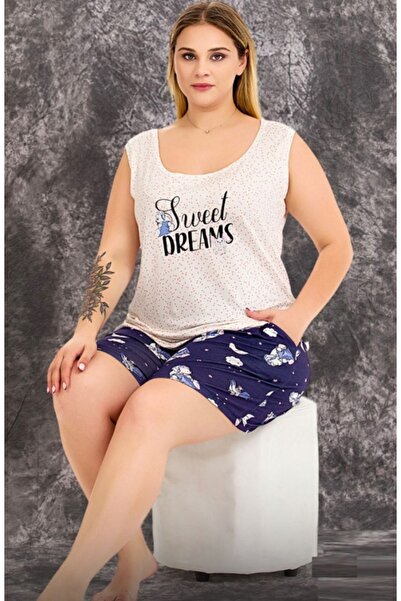 by İGP Navy Blue Large Size Patterned Sleeveless Shorts Pajama Set