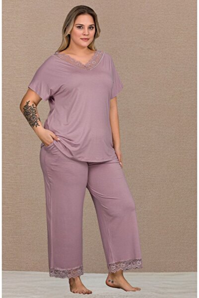 by İGP Plum Lace Short Sleeve Plus Size Comfortable Pajama Set