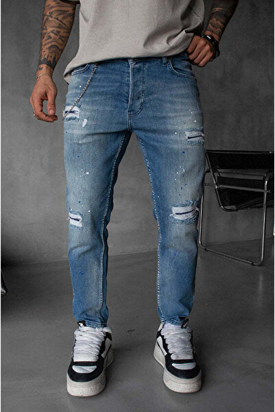 MODINI Slim fit jeans with chain, rips and splash effect (6758)