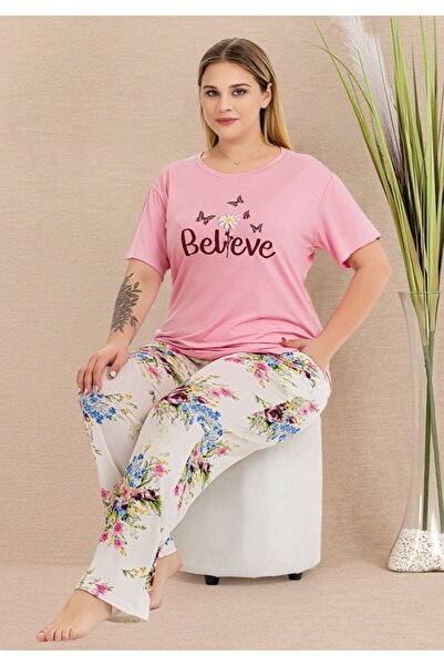 by İGP Pink Plus Size Short Sleeve Patterned Pajama Set