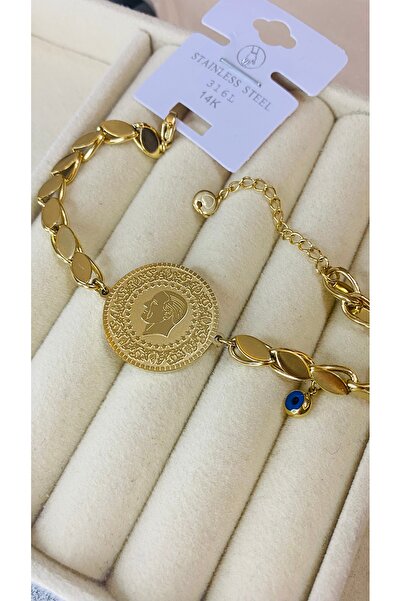 SELUVİA Çelik Nazar Boncuk Sallantılı Arpa Zincir 14K Gold Renk Çeyrek Ata Bi...