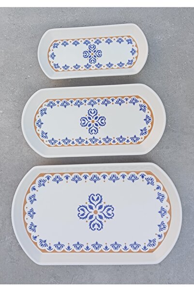 Pinkev Ottoman 3 Size Ceramic Oval Kayık Breakfast Presentation Plate Set