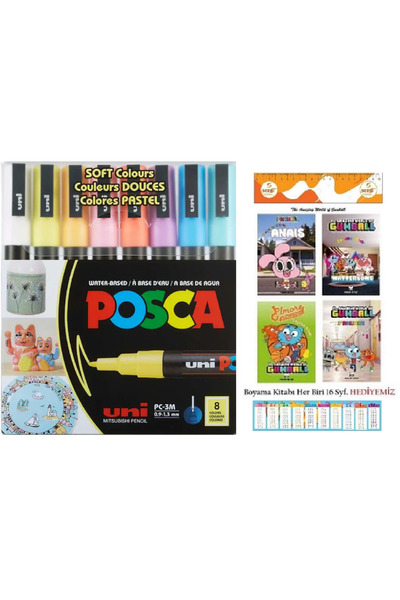POSCA Uni Pc-3M (0.9-1.3mm) Soft Colors 8-Pack and 4 Licenses the Gumball Col...