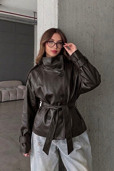 Moderk Bsk Mock Neck Lined Faux Leather Women's Leather Jacket Trench Coat