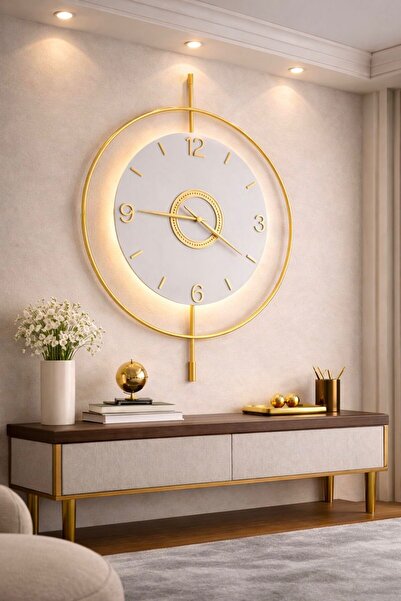 Omta Design Lüks LED Aydınlatmalı Gold Duvar Saati – | Modern Dekor | 3 Mod I...