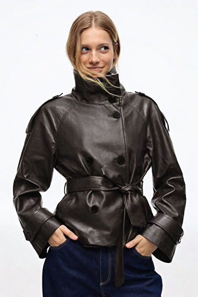 Moderk Bsk Faux Leather Mock Neck Lined Women's Leather Jacket Trench Coat