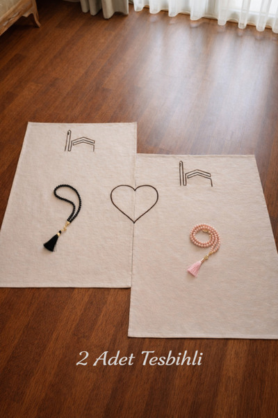 Hig Store Kabe Embroidered Couple's 100% Natural Linen Prayer Rug Set with Pr...