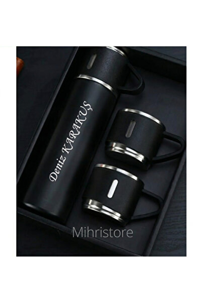 Mihristore Kişiye Özel İsimli Paslanmaz Çelik Termos 3 Bardaklı Termos Seti Ç...