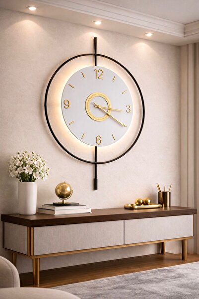 Omta Design Lüks LED Aydınlatmalı Gold Duvar Saati – | Modern Dekor | 3 Mod I...