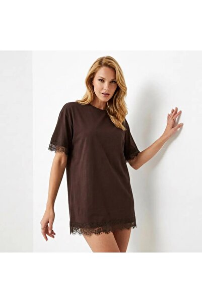 Park Karon Women's Crew Neck Lace Detail Oversize Combed Cotton Blouse 26005