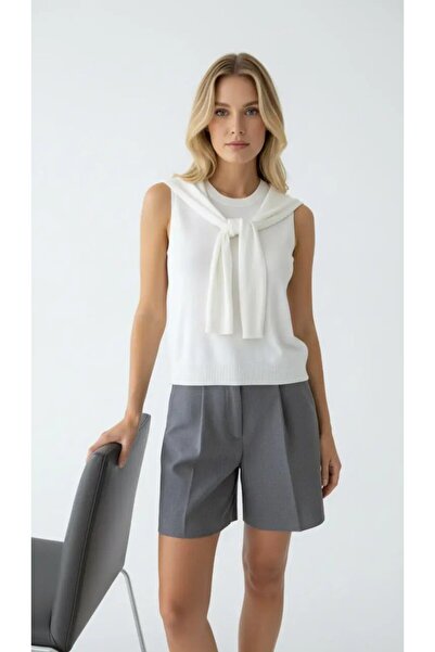 Park Karon Women's Crew Neck Sleeveless Scarf Viscose Knitwear Sweater 12473.Vrt