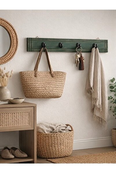 SP CONCEPT Dekoratif Ahşap Duvar Askılığı 4 Kancalı Yeşil Siyah Askılı
