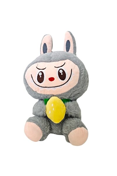 velve Labubu style bunny plush toy, with lemon, 27 cm, Grey