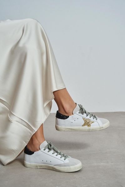 NİŞANTAŞI SHOES Stary White Matte Black Glitter Detail Lace-Up Women's Casual...