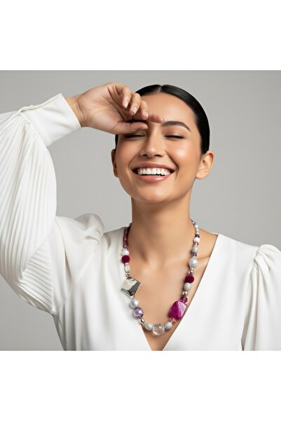 COCOSH TAKI Silver Color Fuchsia Pink and Purple Detailed Special Design Neck...