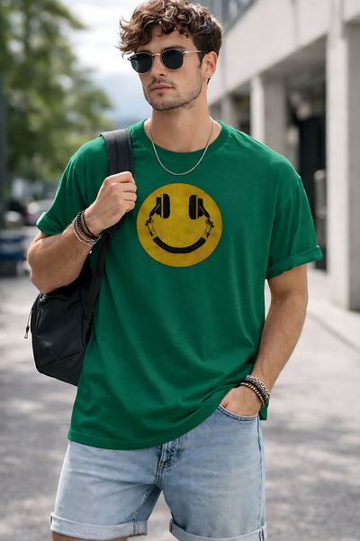 ArtYus Smile Headphones Printed Unisex Oversize T-Shirt – Modern Emoji Graphi...