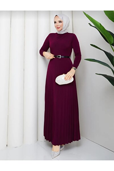 Sitilce Women's Draped Ruched Pleated Belt Piece Hijab Dress