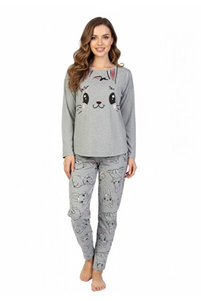 VİENETTA Γυναικεία μακρυμάνικη πυτζάμα με μακρύ παντελόνι, με στάμπα κουνελάκ...