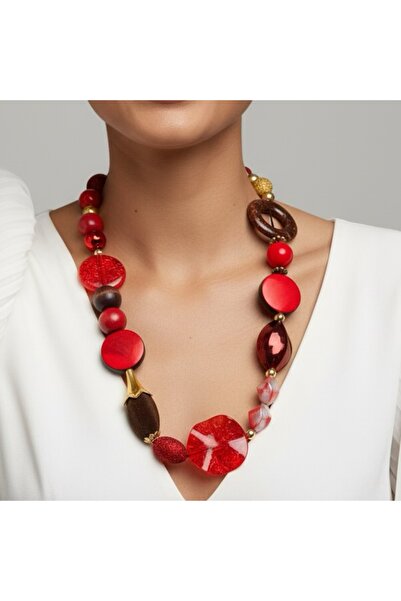 COCOSH TAKI Red, brown, and gold-accented custom-designed necklace.