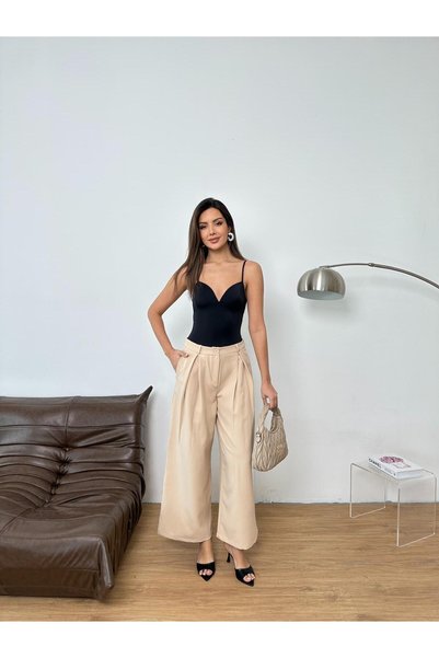 QUASAR Fashion New Season Woven Fabric Front Detail Bridged Buttoned Wide Leg Palazzo Pants