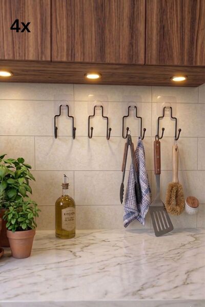 Capella Yapışkanlı 4 Adet Kancalı Banyo Askısı Mutfak Askısı Mat Siyah