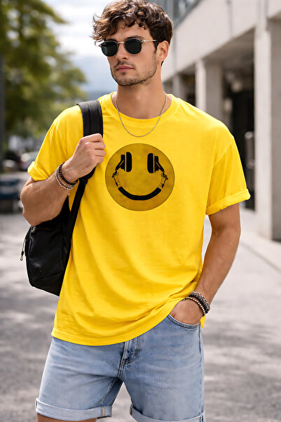 ArtYus Smile Headphones Printed Unisex Oversize T-Shirt – Modern Emoji Graphi...