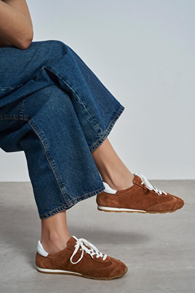 NİŞANTAŞI SHOES Deyz Taba Genuine Suede Leather Lace-Up Women's Sports Shoes