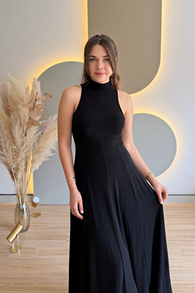 Aventien Elegant Dress with High Collar and Draped Design