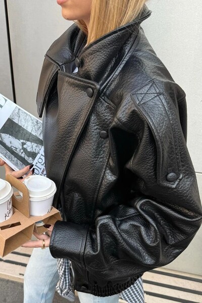 moda armanc Kadın ZR Model Dik Yaka Fermuarlı Deri Ceket - Yeni Sezon Siyah Oversize Ceket